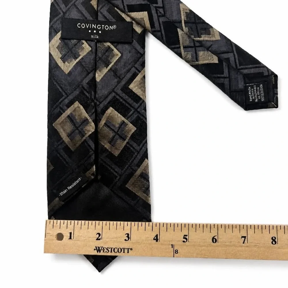 Covington Silk Tie Mens Black Gold Silver Geometric Square Diamond Stain Resist